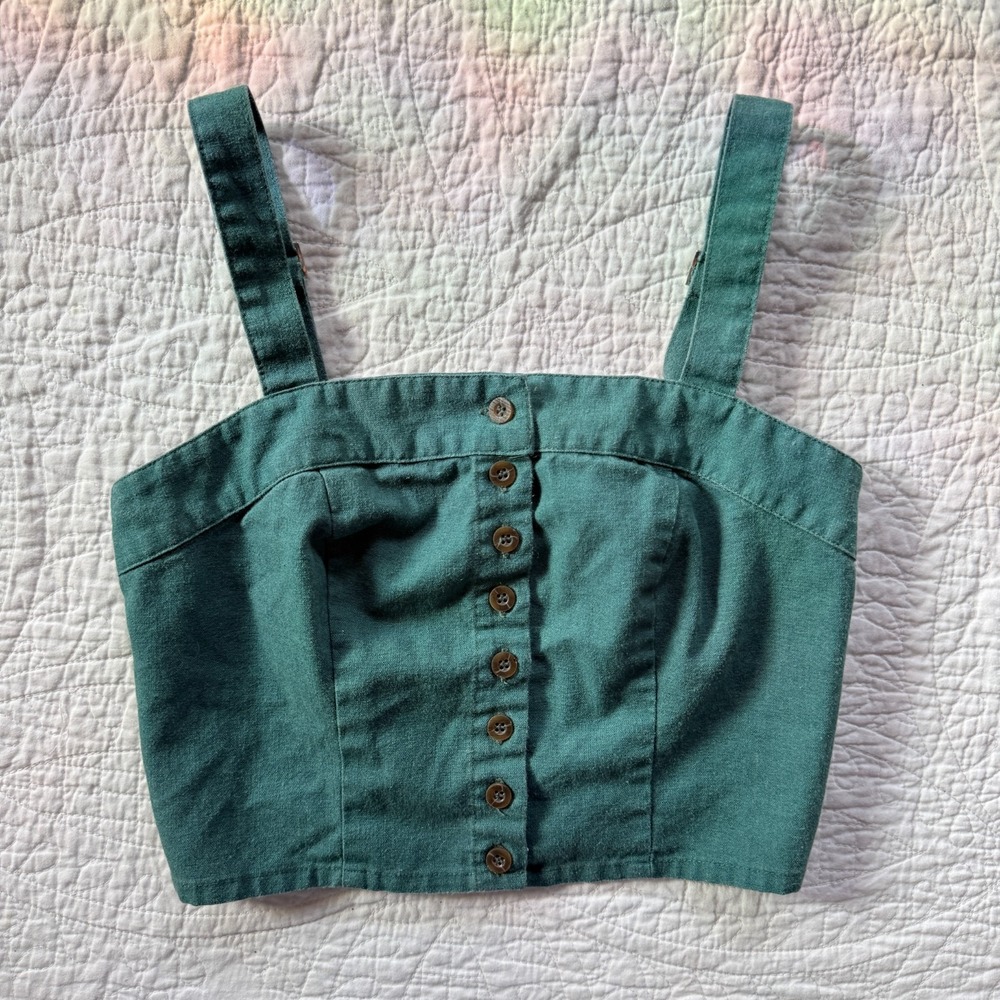 Sky & Sparrow Linen Going Out Crop Top Size XS Forest Green Indie Sleaze Grunge